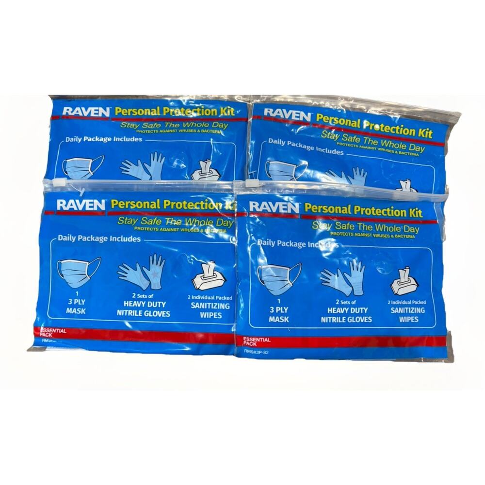 Raven Personal Protection Kit 4 Pack Mask Gloves Sanitizing Wipes Travel Set